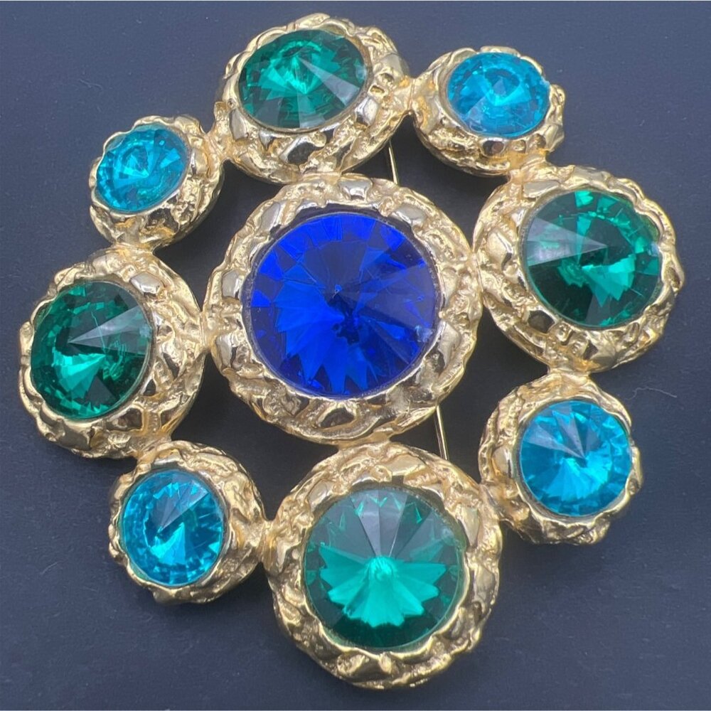 Vintage Dauplaise Brooch Royal Blue Aqua & Green Ravoli‎ Rhinestones Cluster 3"